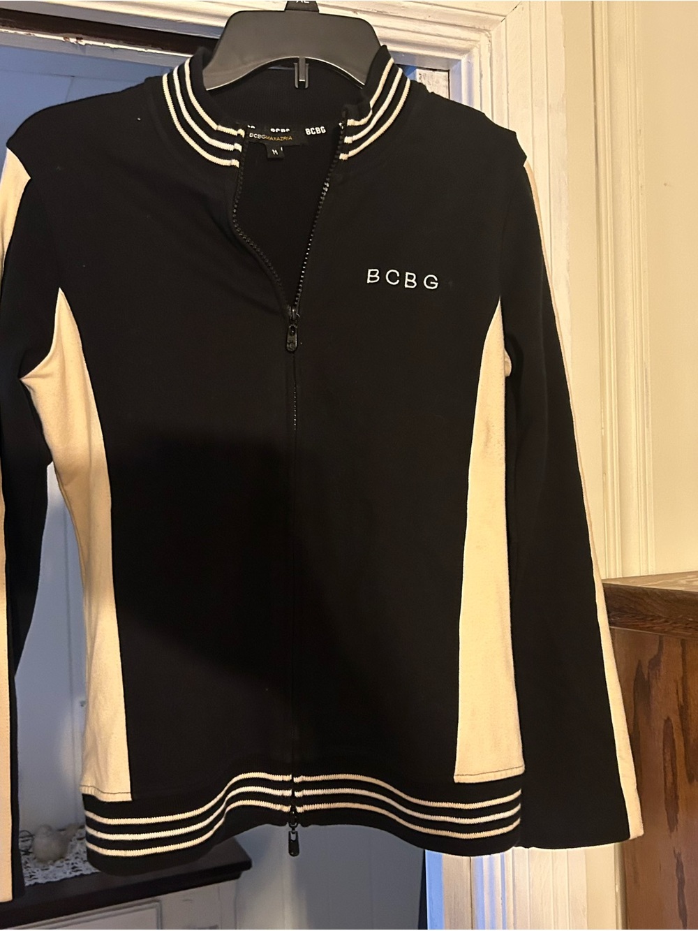 BCBG Black and Cream Zip Front Track Jacket